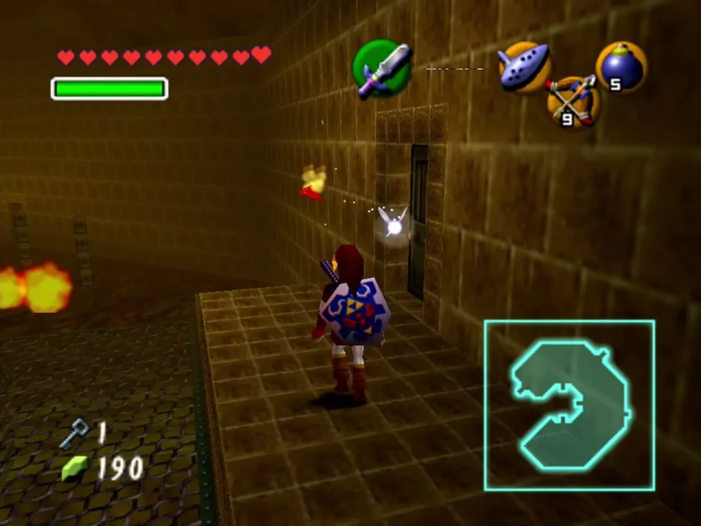 Link walking down a maze corridor past flames, with a dark doorway set into the wall Link walking down a maze corridor past flames, with a dark doorway set into the wall