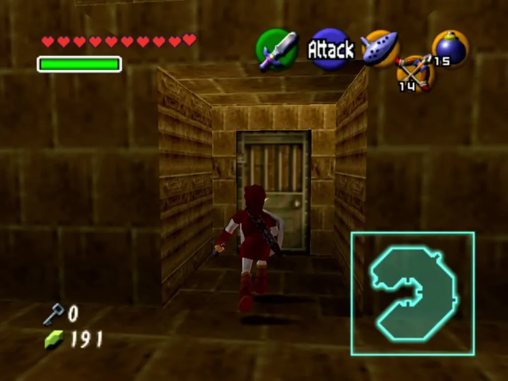 Link walking toward a plain door set into the maze wall in the Fire Temple Link walking toward a plain door set into the maze wall in the Fire Temple