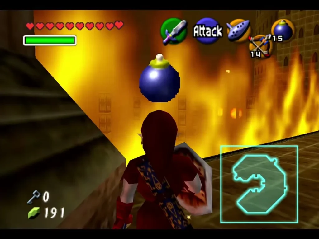 Link holding a Bomb in front of a wall of fire in the Fire Temple maze Link holding a Bomb in front of a wall of fire in the Fire Temple maze