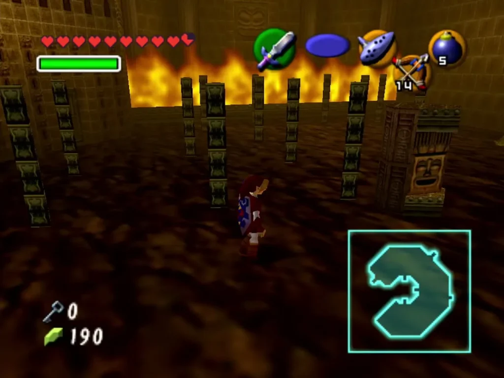 Link in the fire maze, with flames along the far wall and a carved block beside him Link in the fire maze, with flames along the far wall and a carved block beside him