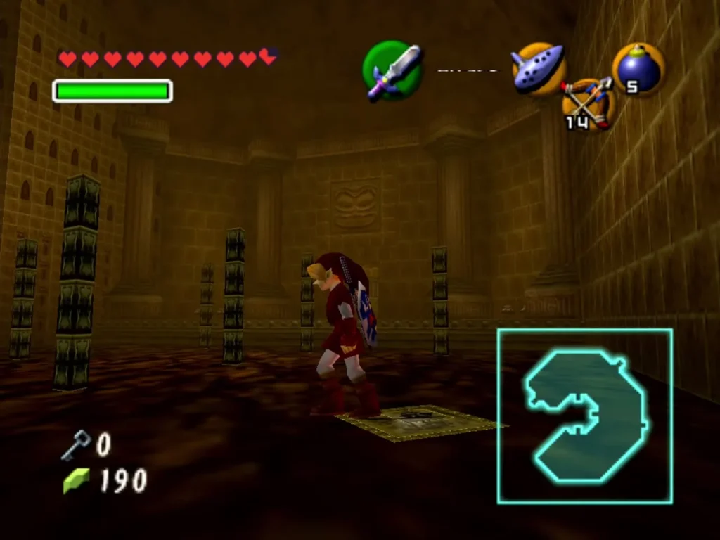 Link on a patterned floor tile in the fire maze room Link on a patterned floor tile in the fire maze room