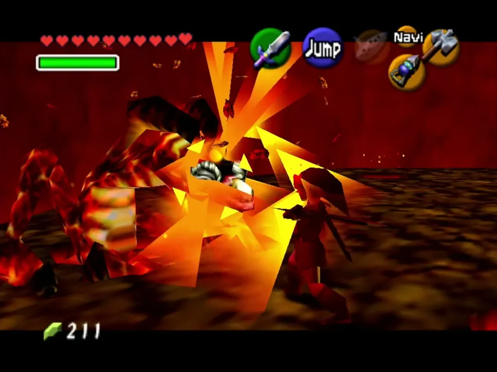 Link swinging the Megaton Hammer into Volvagia's head, stunning the dragon in the Fire Temple arena Link swinging the Megaton Hammer into Volvagia's head, stunning the dragon in the Fire Temple arena