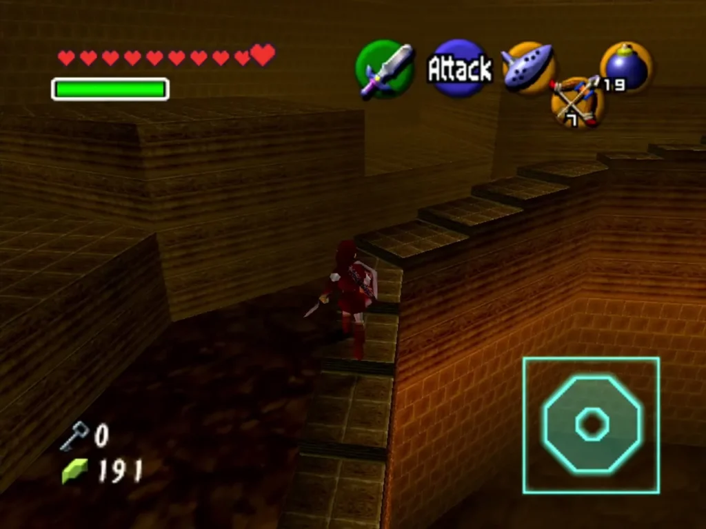 Link climbing the stone steps around the octagonal ring room in Fire Temple Link climbing the stone steps around the octagonal ring room in Fire Temple
