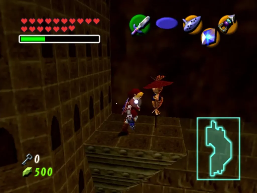 Pierre the scarecrow standing beside Link on the ledge after he is called Pierre the scarecrow standing beside Link on the ledge after he is called