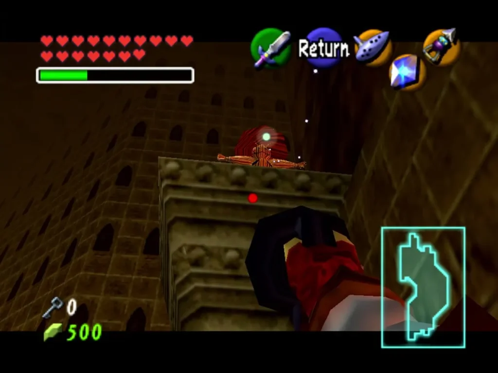 Link aiming the Hookshot at Pierre the scarecrow standing on a stone ledge in the Fire Temple Link aiming the Hookshot at Pierre the scarecrow standing on a stone ledge in the Fire Temple