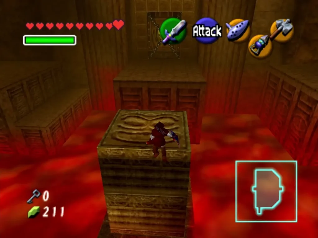 Link on a stone pillar crossing the lava in Darunia's room in Fire Temple Link on a stone pillar crossing the lava in Darunia's room in Fire Temple