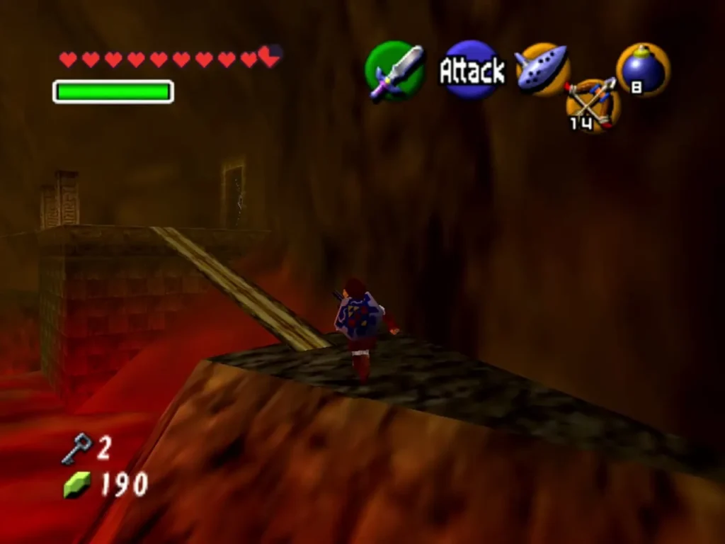 Link on the wooden plank crossing above the lava in the Fire Temple Link on the wooden plank crossing above the lava in the Fire Temple