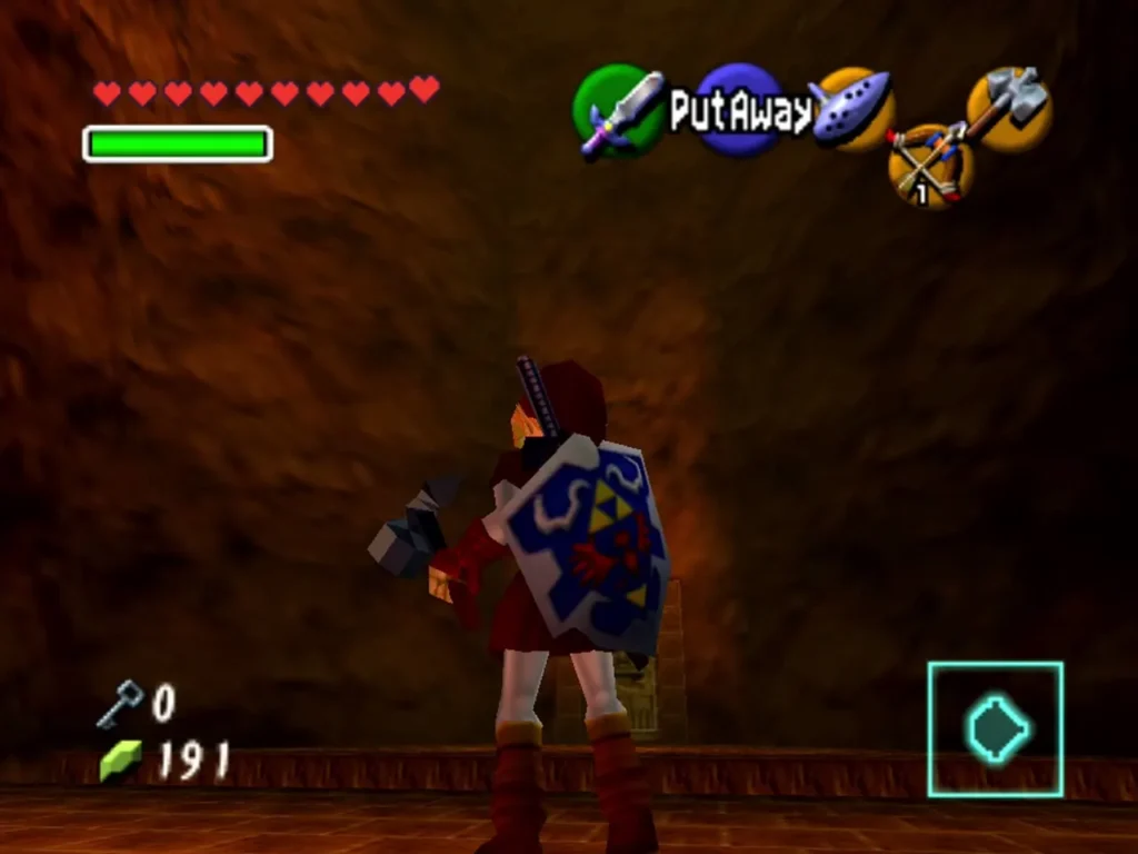 Link holding the Megaton Hammer facing a wall in the Fire Temple rusty switch room Link holding the Megaton Hammer facing a wall in the Fire Temple rusty switch room