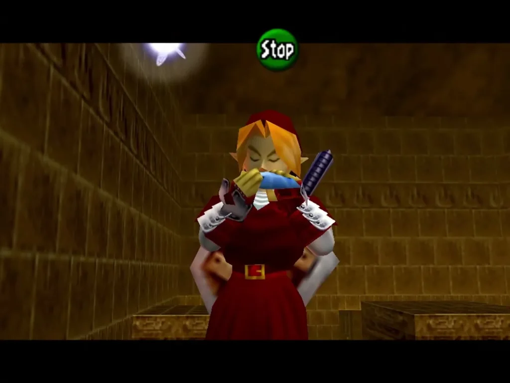 Adult Link playing the Scarecrow's Song on the Ocarina in the Fire Temple Adult Link playing the Scarecrow's Song on the Ocarina in the Fire Temple