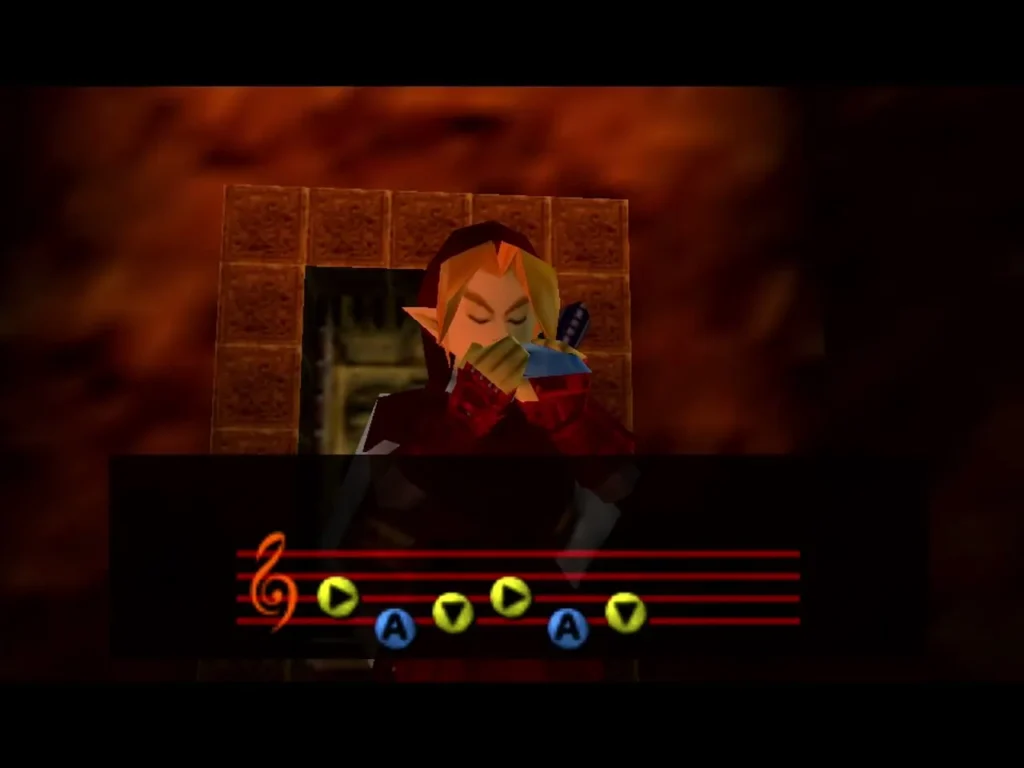 Link playing the Song of Time on the ocarina beside the Time Block Link playing the Song of Time on the ocarina beside the Time Block