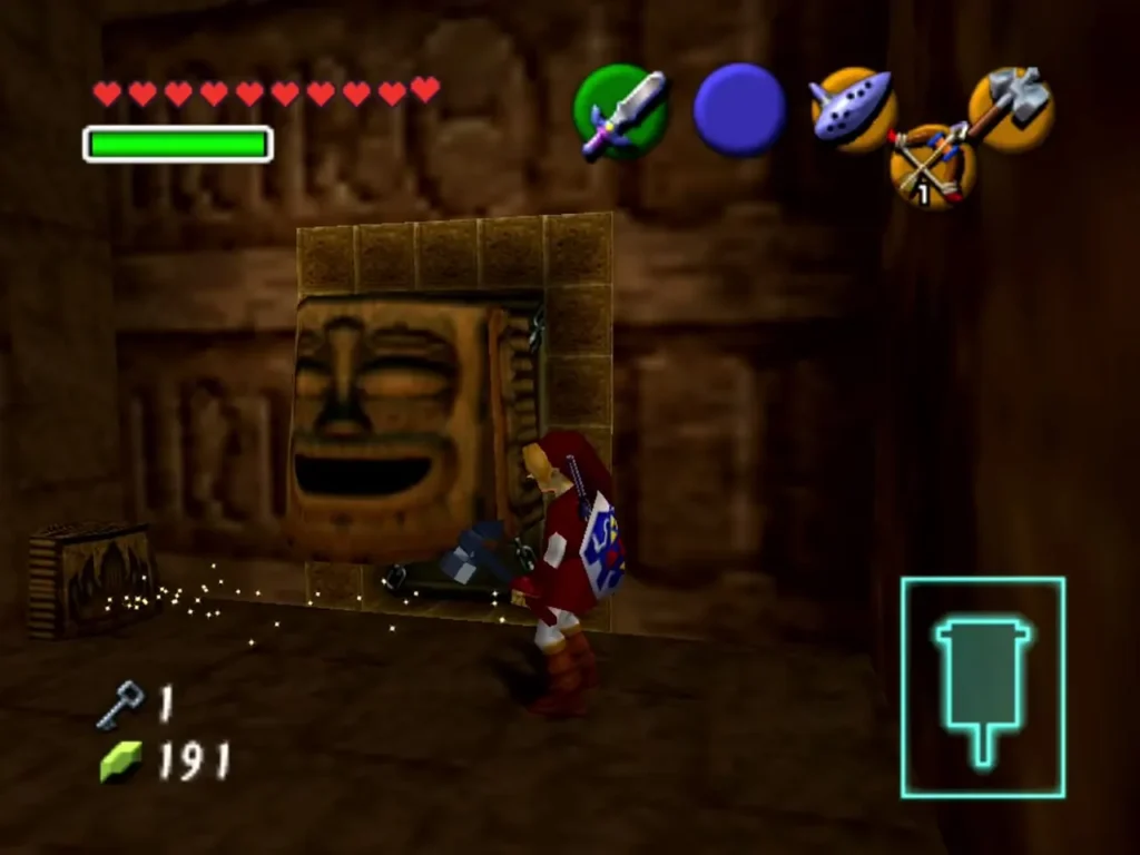 Link hammering the statue at the entrance to reveal a locked door Link hammering the statue at the entrance to reveal a locked door