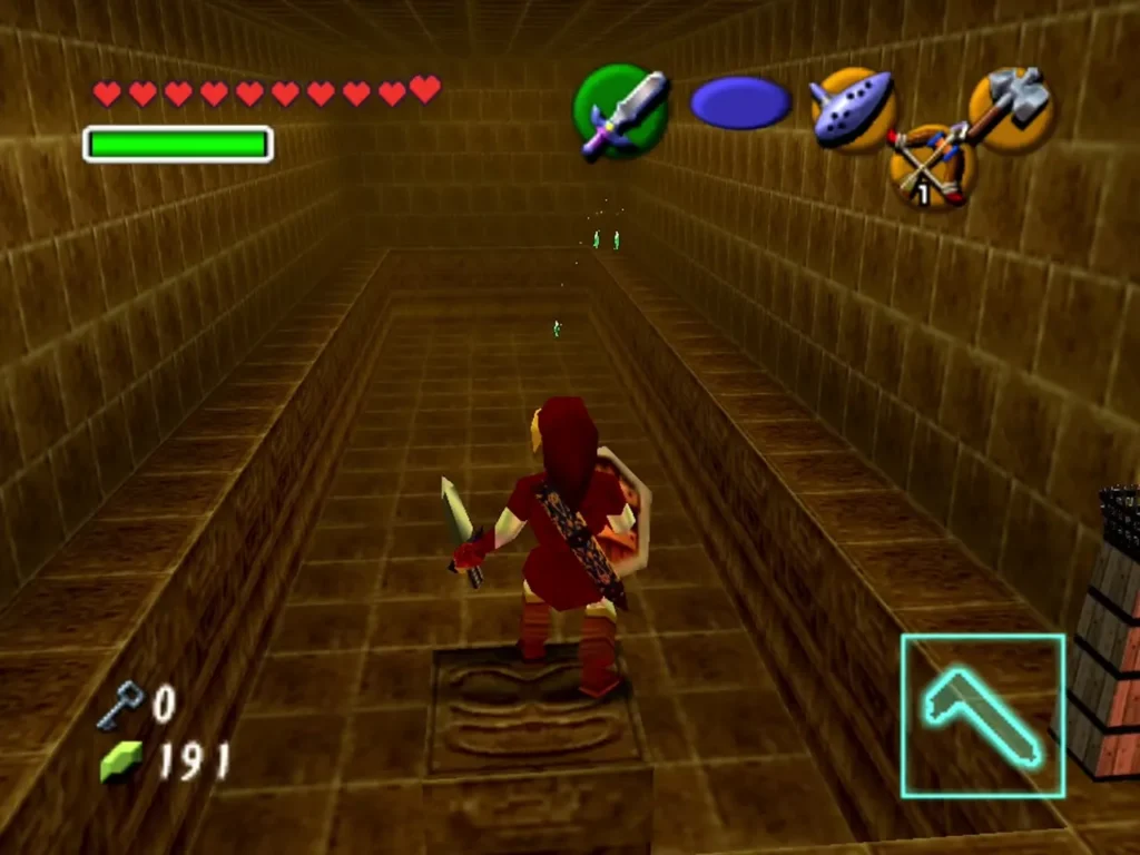 Link standing on a carved pedestal in a long Fire Temple corridor Link standing on a carved pedestal in a long Fire Temple corridor
