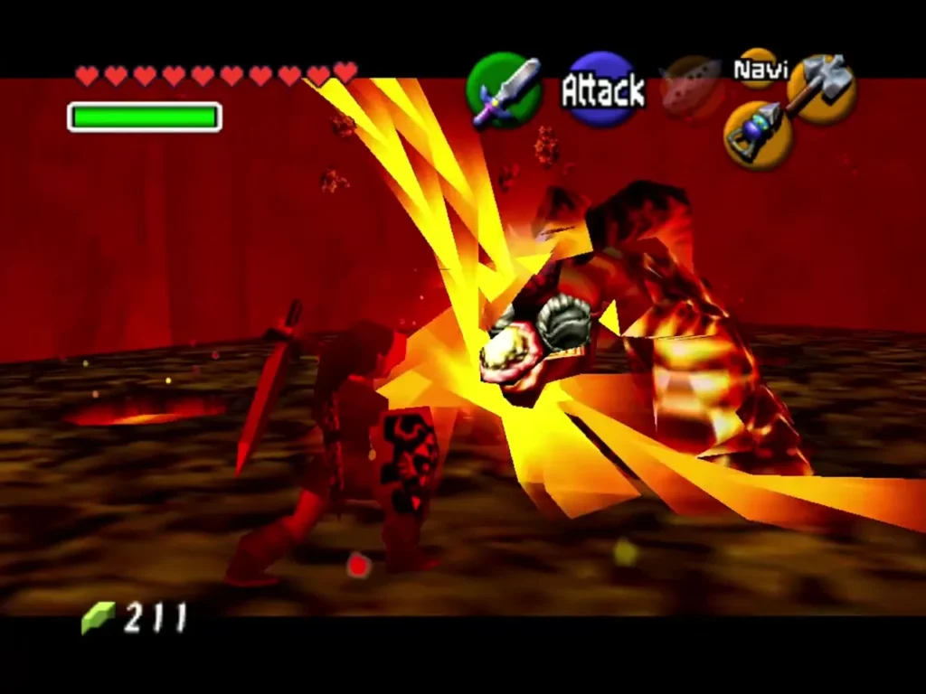 Link slashing Volvagia's head with the sword in the Fire Temple boss fight Link slashing Volvagia's head with the sword in the Fire Temple boss fight