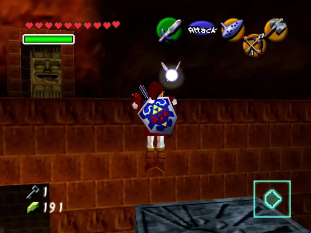 Link on a ledge beside a tiki face in the Fire Temple fire maze Link on a ledge beside a tiki face in the Fire Temple fire maze