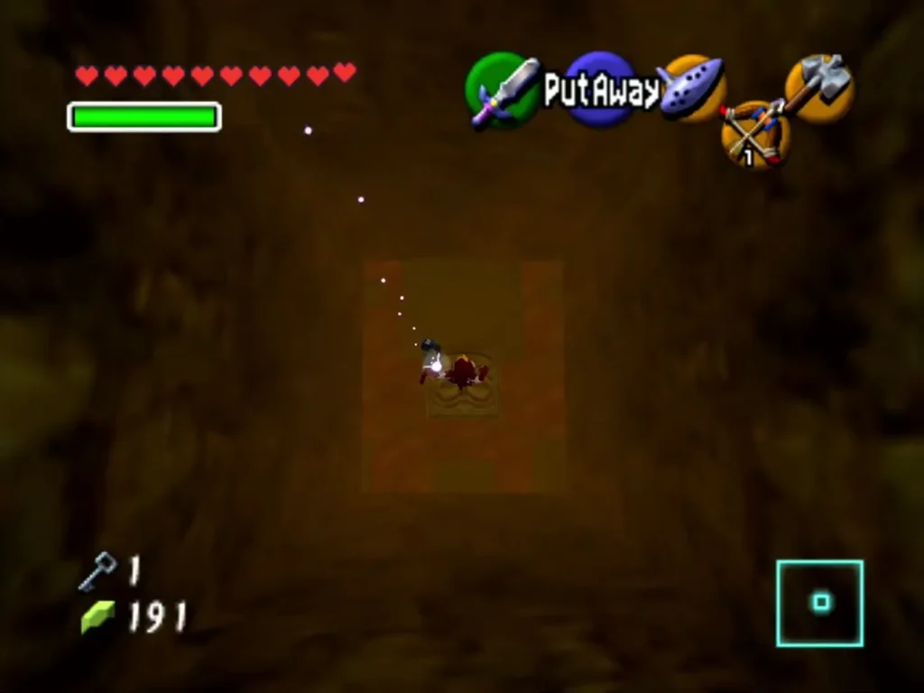 Link above a tiki block descending down a shaft in the Fire Temple Link above a tiki block descending down a shaft in the Fire Temple