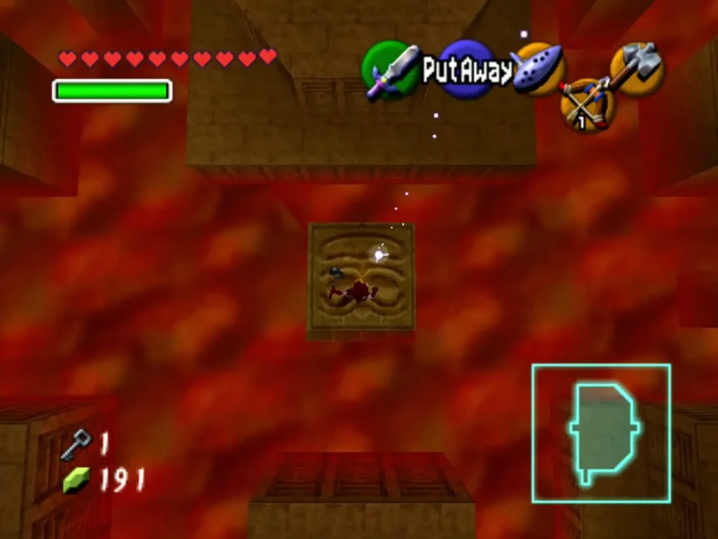 Tiki block floating in the lava pool beneath a Fire Temple room Tiki block floating in the lava pool beneath a Fire Temple room