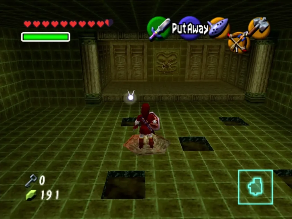 Link standing in the tile room facing the carved back wall Link standing in the tile room facing the carved back wall