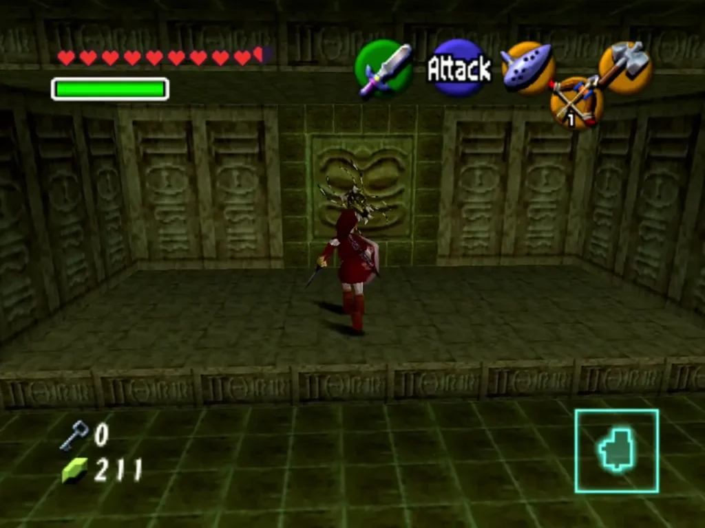 Link slashing the carved back wall of the tile room to reach Gold Skulltula 1 Link slashing the carved back wall of the tile room to reach Gold Skulltula 1