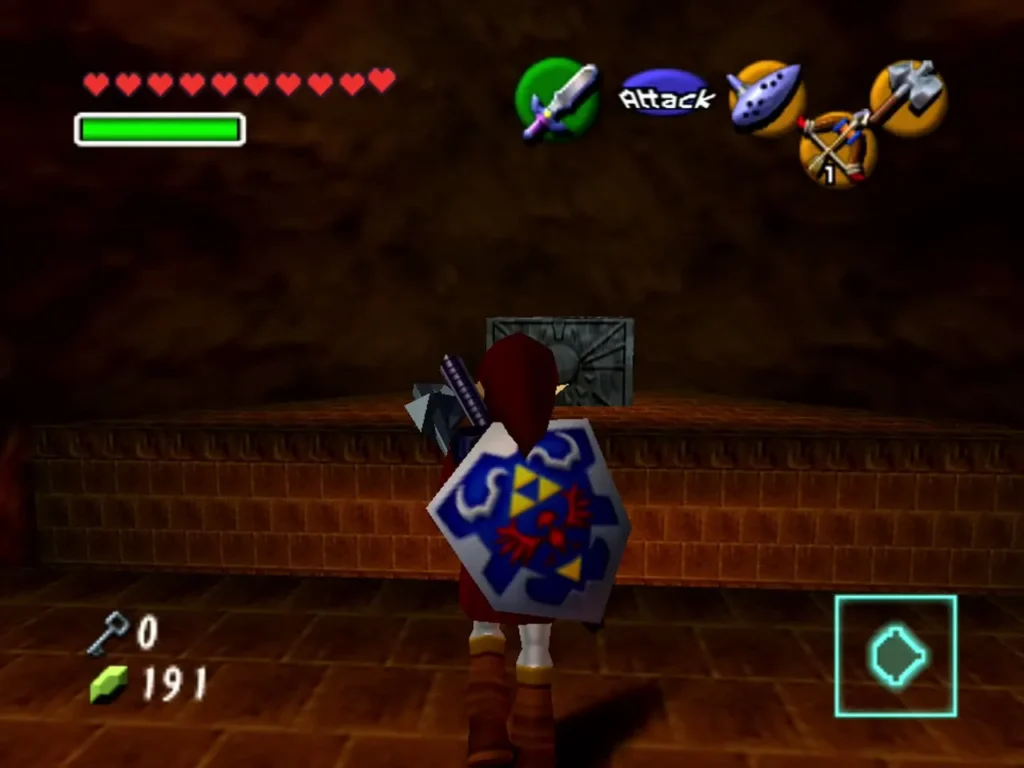 Link facing the Time Block on a ledge in a Fire Temple room Link facing the Time Block on a ledge in a Fire Temple room