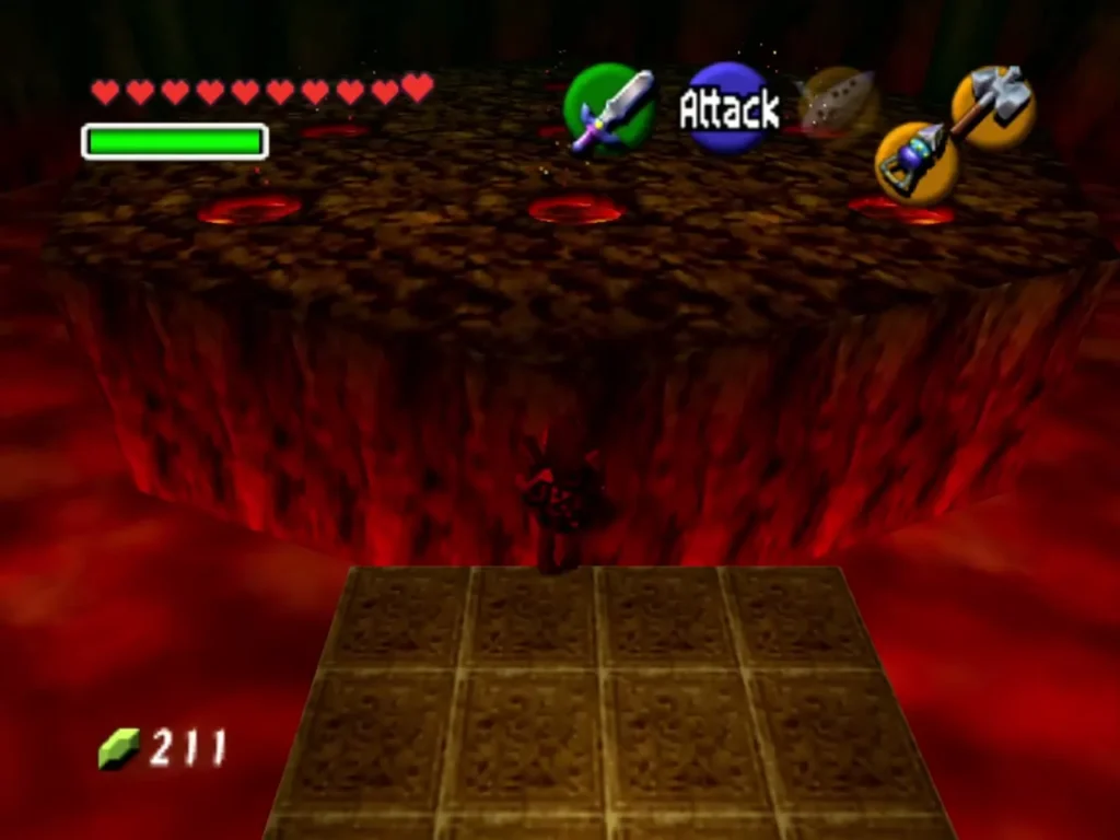 Link on the Volvagia arena platform surrounded by lava pits in Fire Temple Link on the Volvagia arena platform surrounded by lava pits in Fire Temple