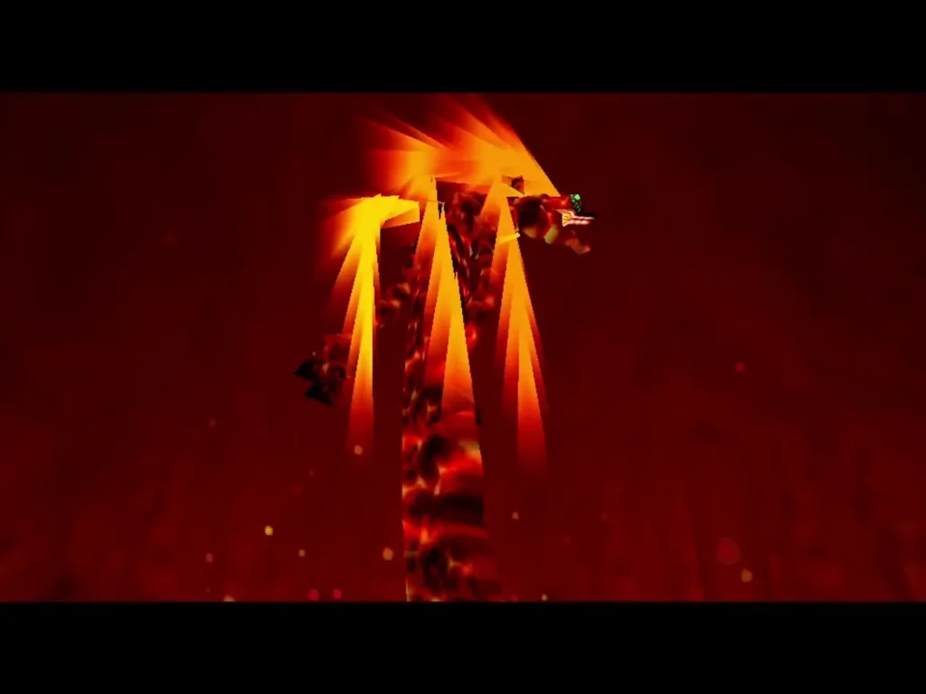 Volvagia erupting from the lava in a column of fire during the Fire Temple boss fight Volvagia erupting from the lava in a column of fire during the Fire Temple boss fight