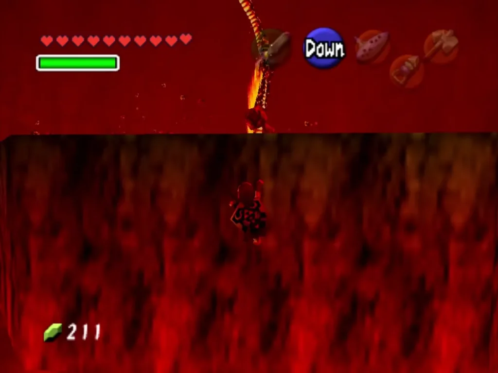 Volvagia's fiery body sweeping past overhead as Link hangs from the ledge Volvagia's fiery body sweeping past overhead as Link hangs from the ledge