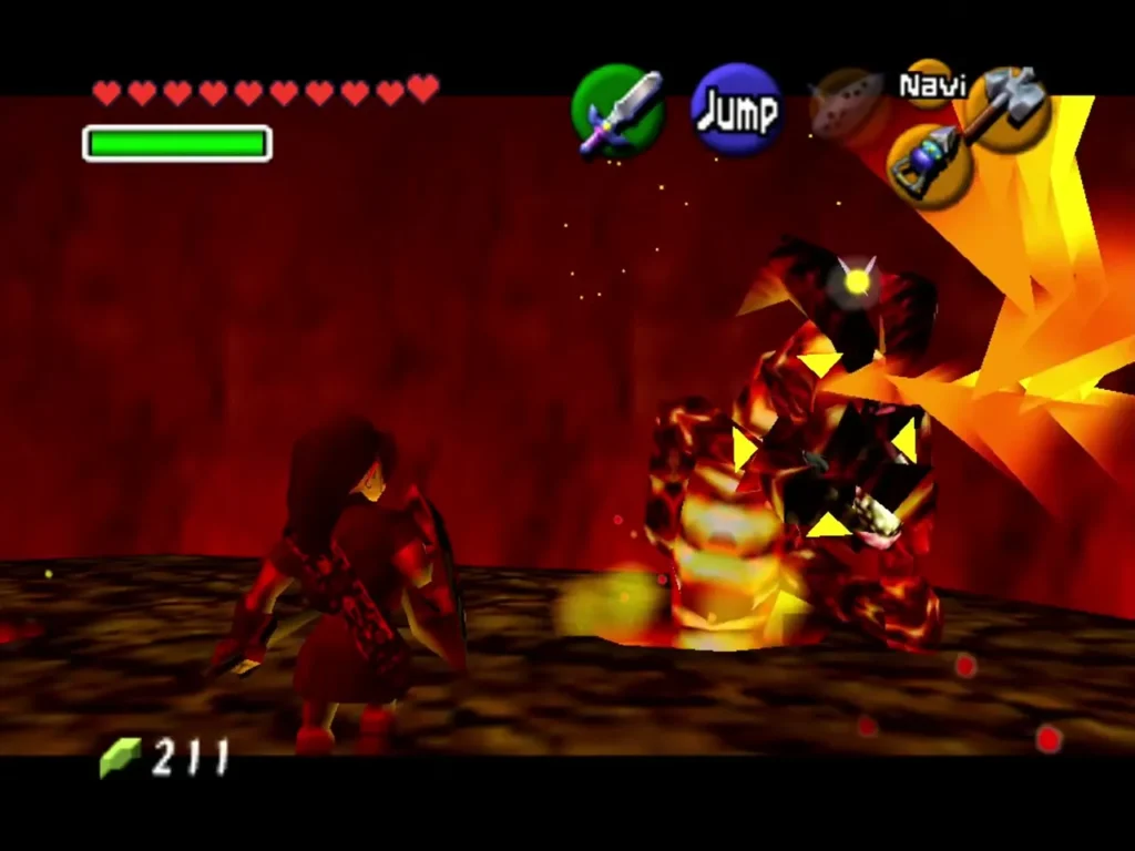Volvagia's head rising from the lava as Link readies his sword in the Fire Temple arena Volvagia's head rising from the lava as Link readies his sword in the Fire Temple arena