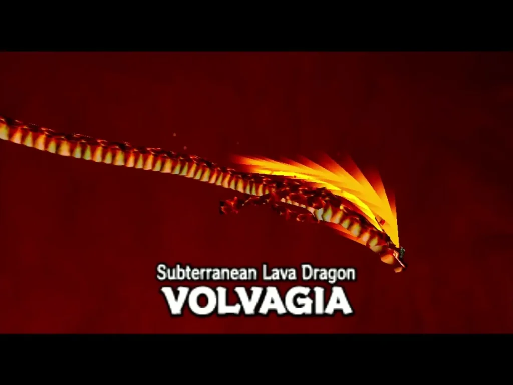 Title card reading Subterranean Lava Dragon Volvagia Title card reading Subterranean Lava Dragon Volvagia