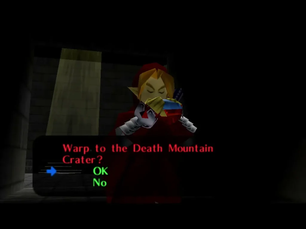 The Warp to the Death Mountain Crater prompt with OK and No options The Warp to the Death Mountain Crater prompt with OK and No options