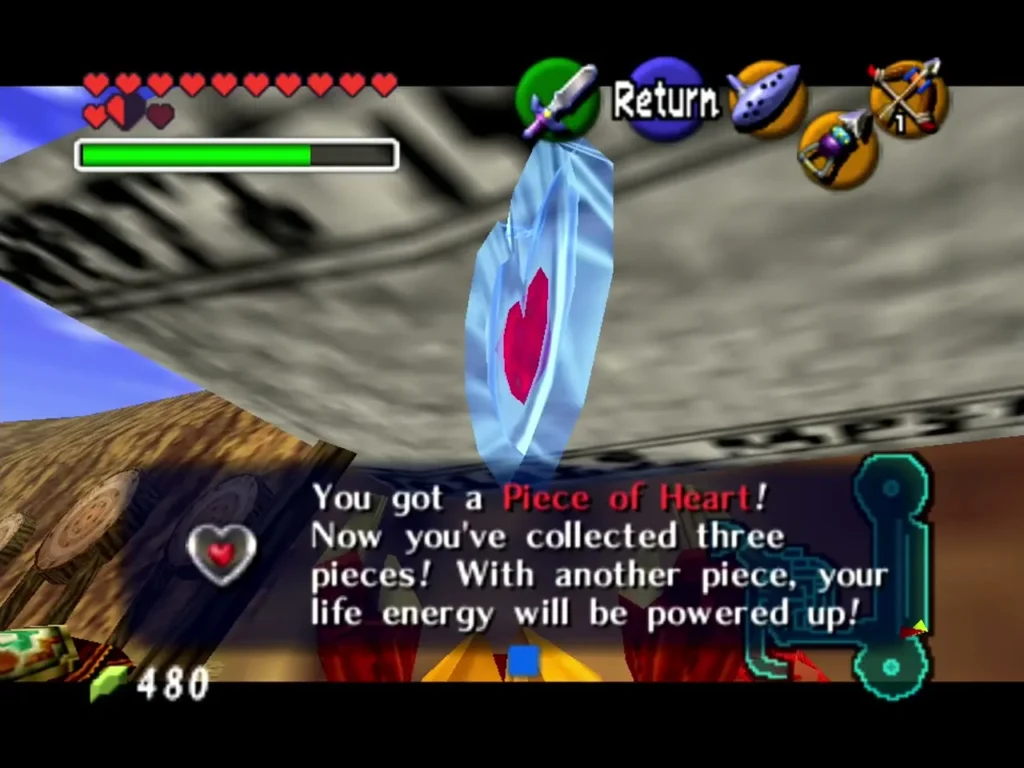 Link holding up a Piece of Heart won from the horseback archery challenge Link holding up a Piece of Heart won from the horseback archery challenge