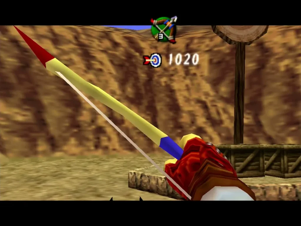 Link aiming the Fairy Bow from horseback with a score of 1020 Link aiming the Fairy Bow from horseback with a score of 1020