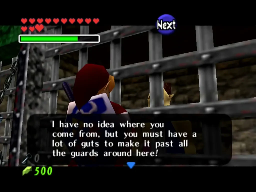 Imprisoned carpenter speaking to Link through the cell bars with a full message box Imprisoned carpenter speaking to Link through the cell bars with a full message box
