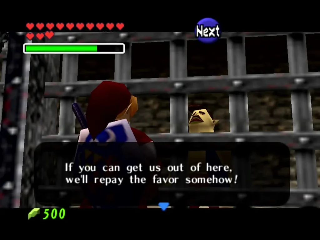 Carpenter in a cell pleading with Link to get them out, dialogue box complete Carpenter in a cell pleading with Link to get them out, dialogue box complete