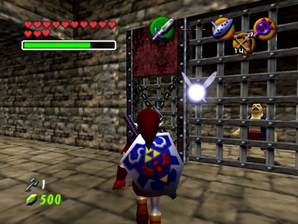 Link facing a chained cell gate with a carpenter waiting behind the bars Link facing a chained cell gate with a carpenter waiting behind the bars