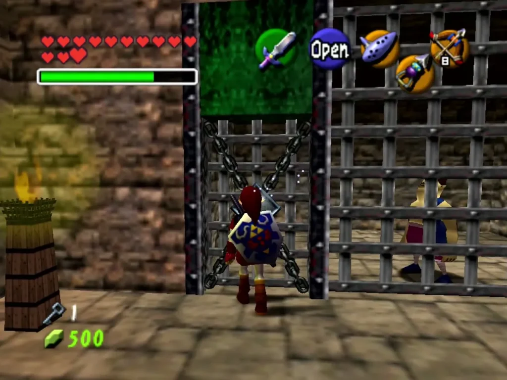 Link opening a chained cell gate in the Gerudo Fortress with the Open prompt showing Link opening a chained cell gate in the Gerudo Fortress with the Open prompt showing