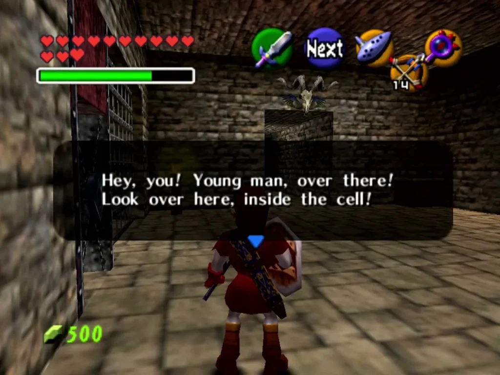 Link in a fortress corridor as a prisoner calls out from inside a cell Link in a fortress corridor as a prisoner calls out from inside a cell