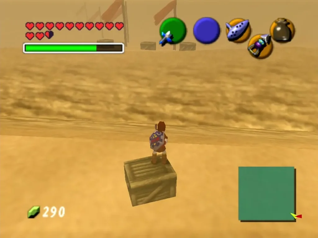 Link standing on a half-buried crate in the desert Link standing on a half-buried crate in the desert