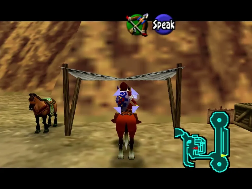 Adult Link riding Epona beside the archery stall in Gerudo's Fortress Adult Link riding Epona beside the archery stall in Gerudo's Fortress
