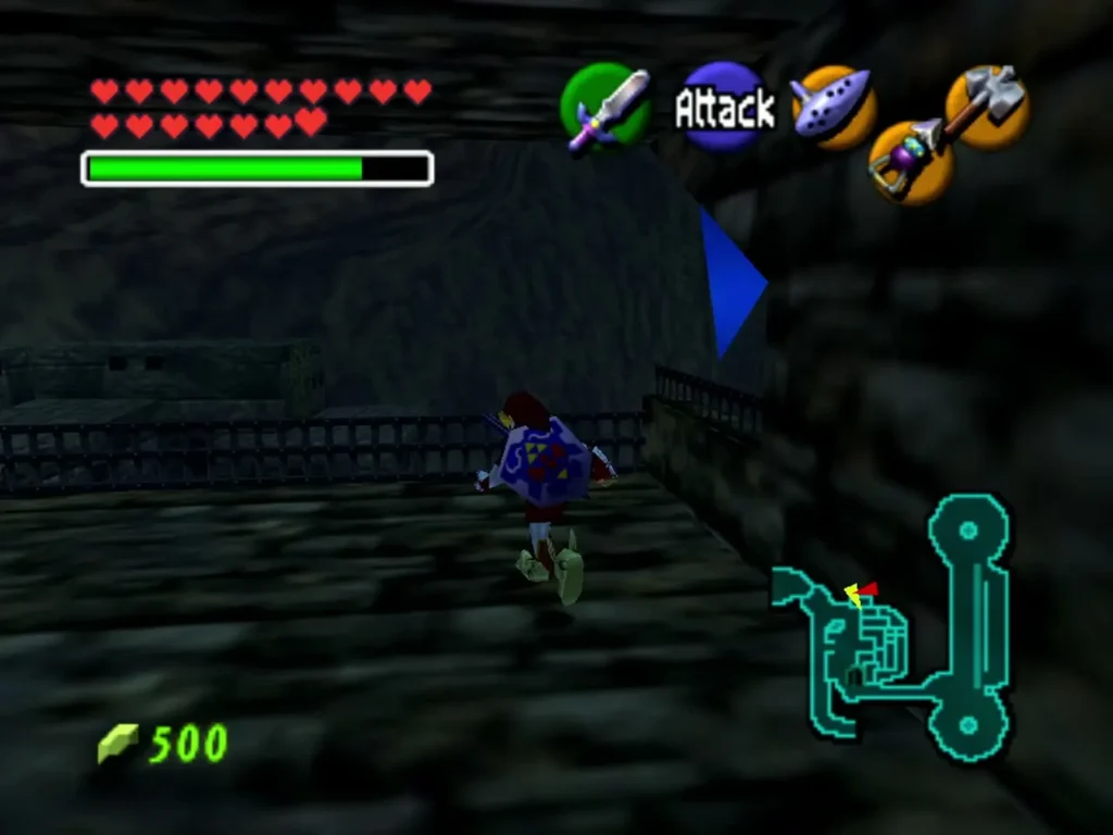 Link running along the fortress roof past a fence at night Link running along the fortress roof past a fence at night