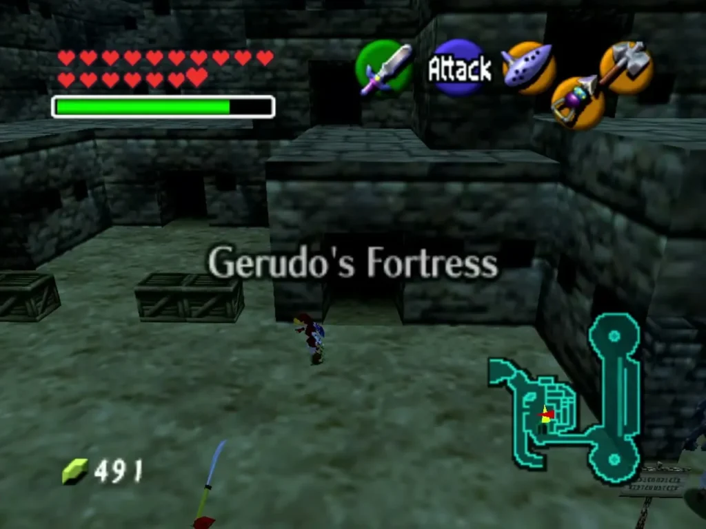 The Gerudo's Fortress title appearing over a stone courtyard with crates The Gerudo's Fortress title appearing over a stone courtyard with crates