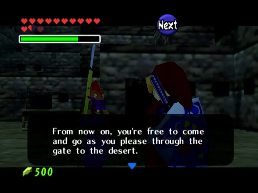 Gerudo guard says Link may come and go through the gate to the desert Gerudo guard says Link may come and go through the gate to the desert