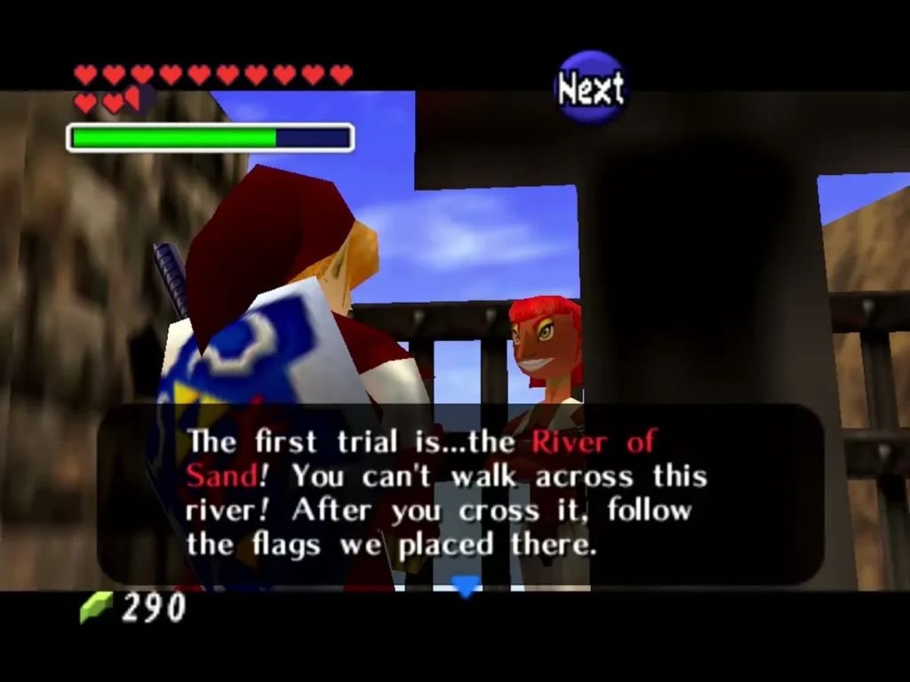 Gerudo guard explaining the first trial, the River of Sand, to Link Gerudo guard explaining the first trial, the River of Sand, to Link
