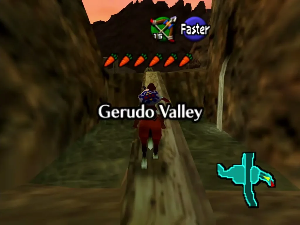 Epona carrying Link down the Gerudo Valley road under the area title Epona carrying Link down the Gerudo Valley road under the area title