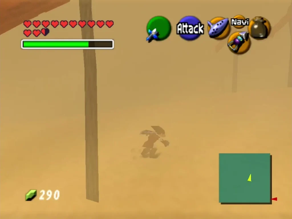 Link walking through the Haunted Wasteland sandstorm past a marker pole Link walking through the Haunted Wasteland sandstorm past a marker pole