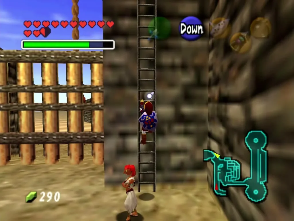 Link climbing a ladder beside the barred gate in Gerudo's Fortress Link climbing a ladder beside the barred gate in Gerudo's Fortress