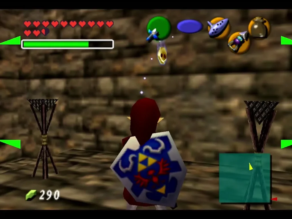Link standing in the stone room between two unlit torch stands Link standing in the stone room between two unlit torch stands