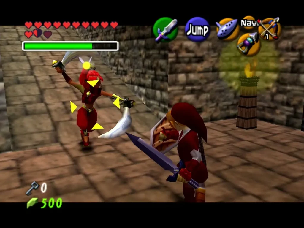 Link fighting a Gerudo thief beside a lit torch in the Gerudo Fortress Link fighting a Gerudo thief beside a lit torch in the Gerudo Fortress