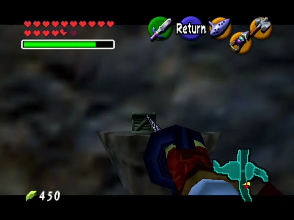Link aiming the Longshot at the crate on the ledge Link aiming the Longshot at the crate on the ledge