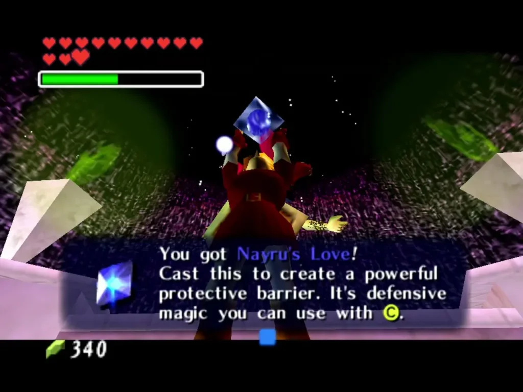 Link holds up Nayru's Love with its complete item message in a dark purple chamber Link holds up Nayru's Love with its complete item message in a dark purple chamber