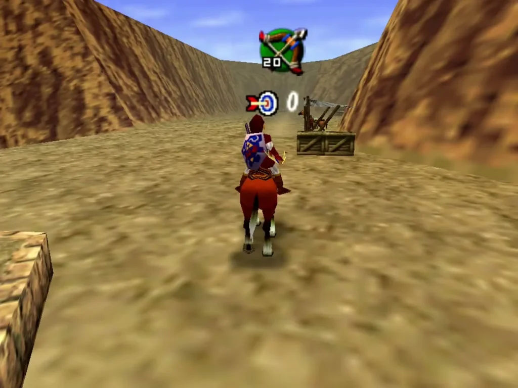 Link riding Epona down the horseback archery range toward the far end Link riding Epona down the horseback archery range toward the far end